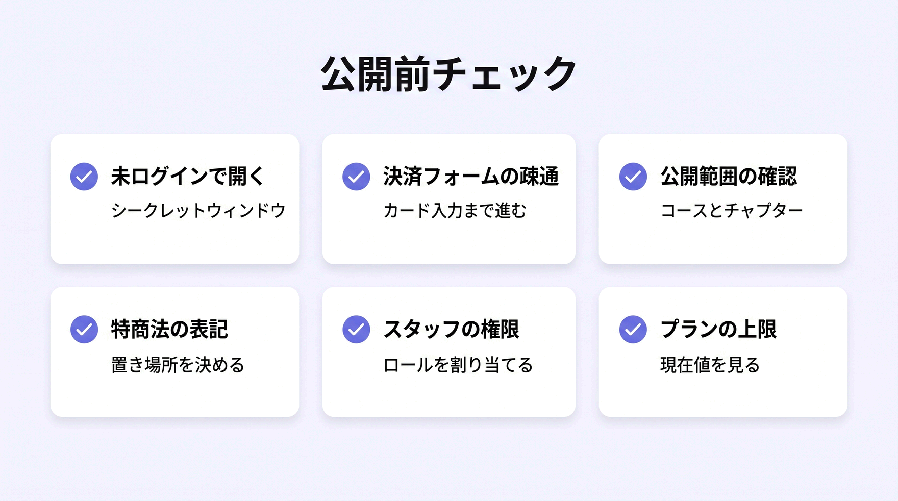 vibelyの公開前チェック6項目。未ログイン表示・決済疎通・公開範囲・特商法表記・ロール・プラン上限