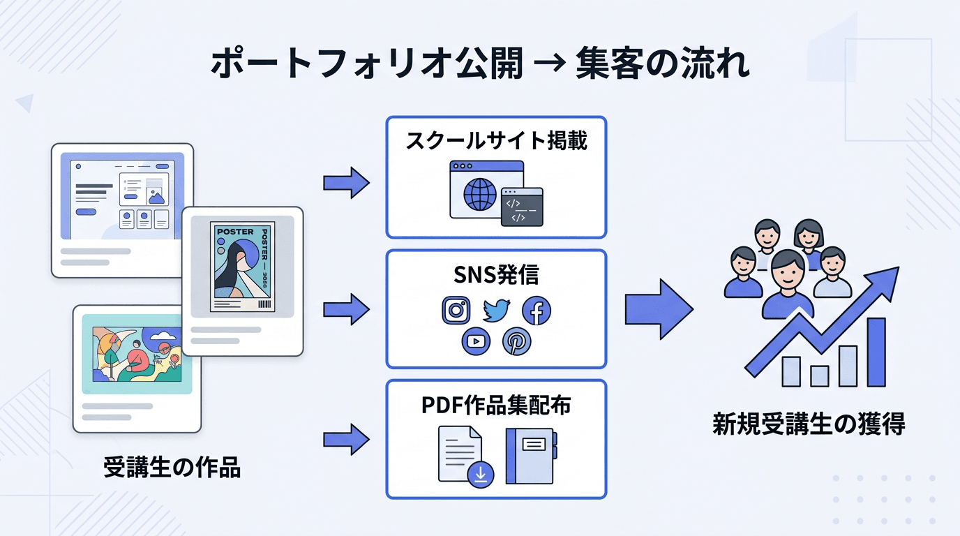 受講生のポートフォリオ公開から集客への活用フロー図