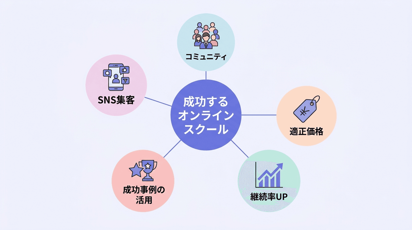 オンラインスクール成功事例5選の成功要因を示す概念図
