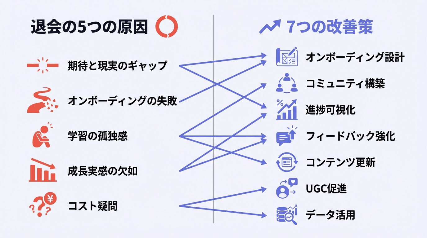 オンラインスクールの退会率を高める5つの原因と7つの改善策の対比図