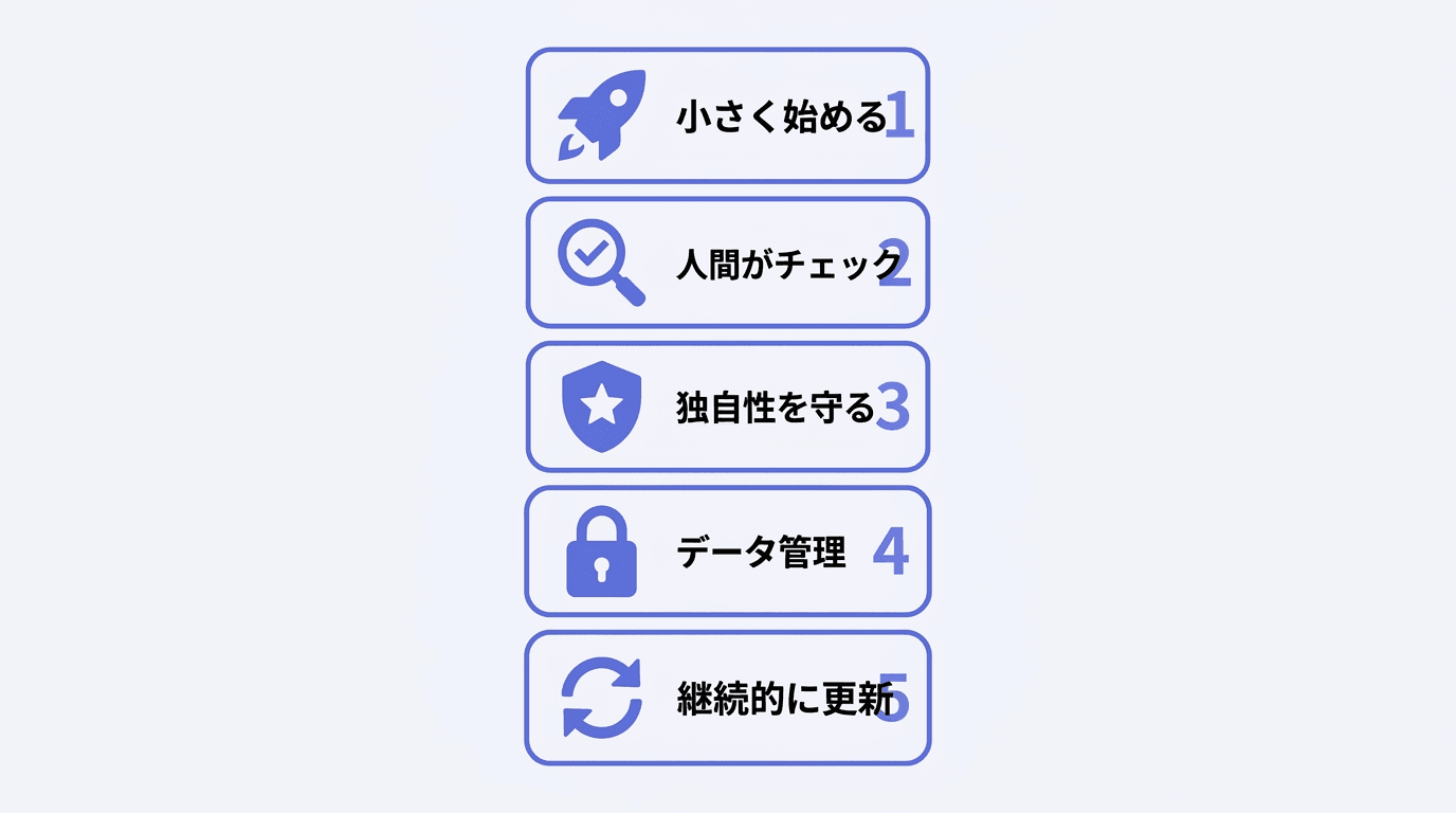 AI導入で失敗しないための5つのポイント：小さく始める・人間がチェック・独自性を守る・データ管理・継続的に更新