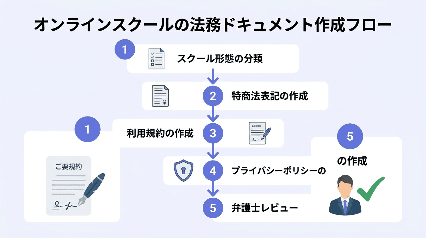 オンラインスクールの法的文書を整備する5つのステップのフロー図