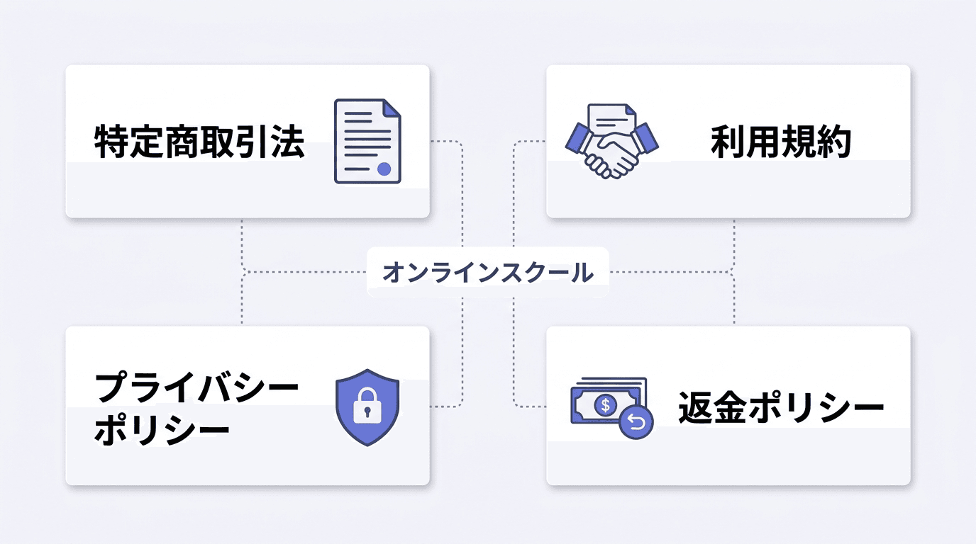 オンラインスクール運営に必要な4つの法的文書（特商法表記・利用規約・プライバシーポリシー・返金ポリシー）の関係図