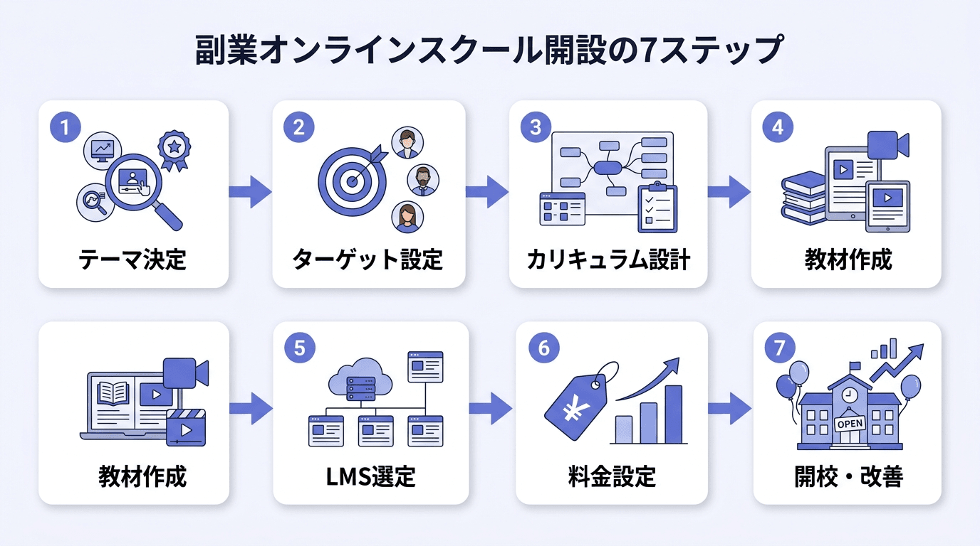 副業オンラインスクール開設の7ステップ：テーマ決定からLMS選定・開校改善までのフロー図