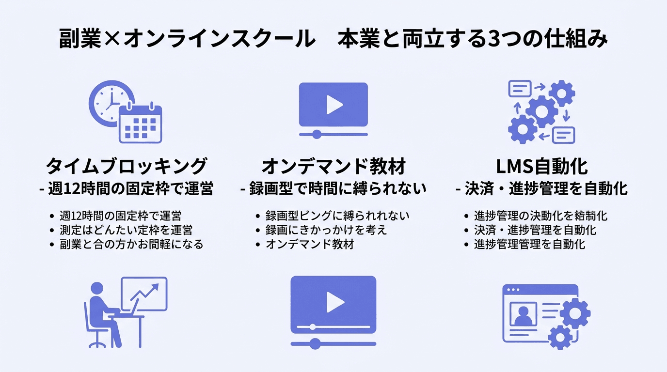 副業×オンラインスクール 本業と両立する3つの仕組み：タイムブロッキング・オンデマンド教材・LMS自動化