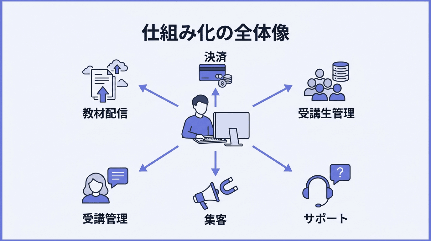 個人オンラインスクール運営の仕組み化の全体像：教材配信・決済・受講生管理・集客・サポートの5つをシステムに任せる